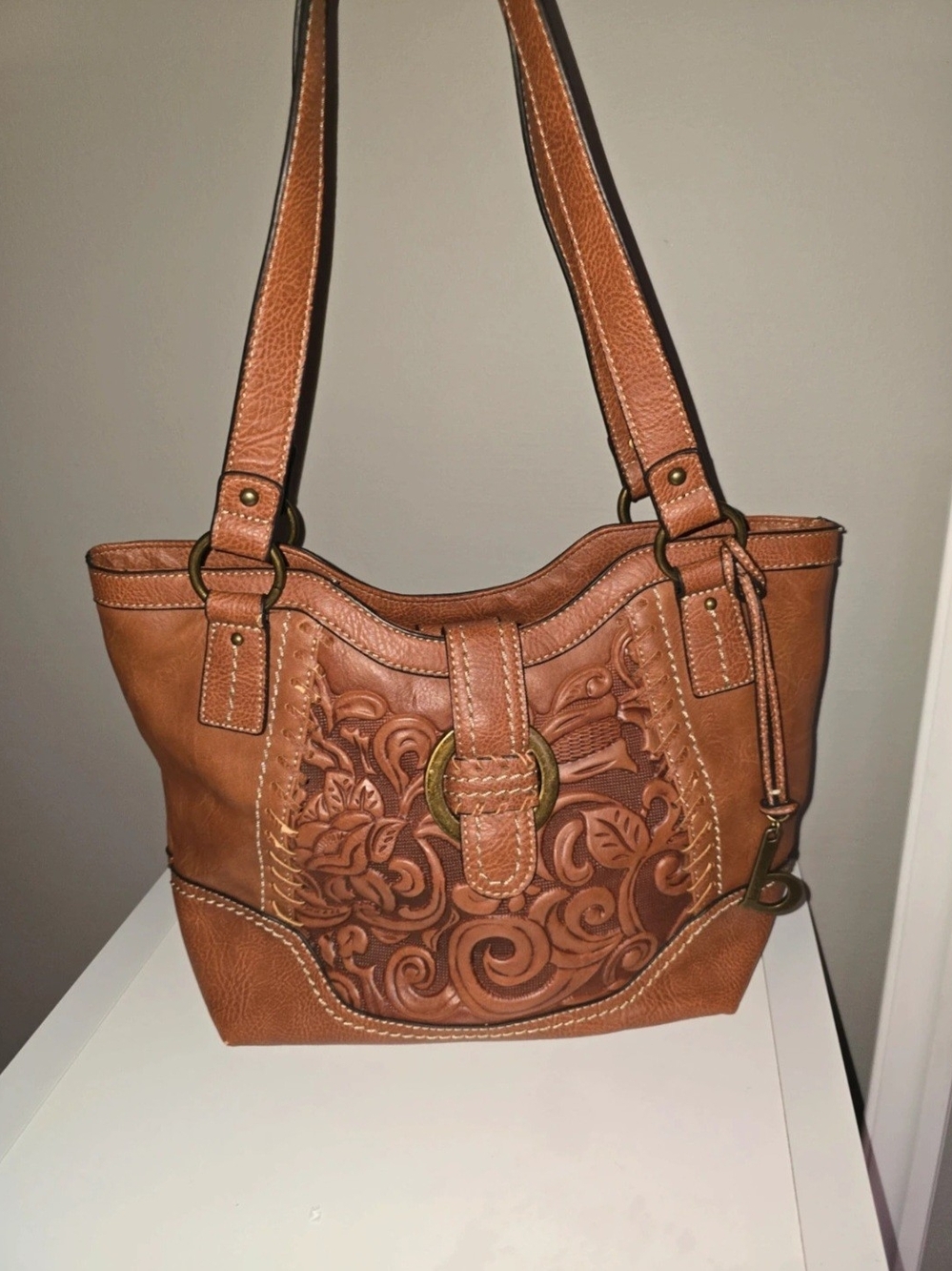 boc Embossed Floral Shoulder Tote in Cognac Brown